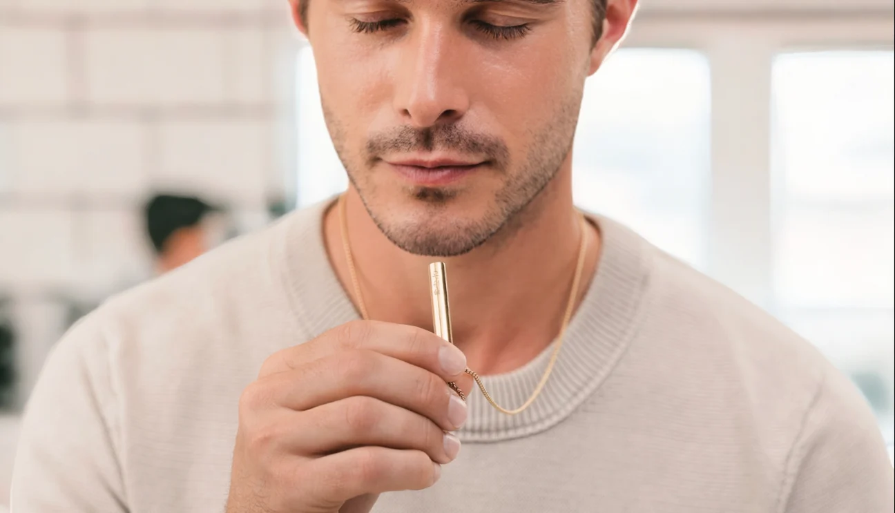 Man wearing a breathing necklace with a white shirt